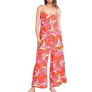 NWT Old Navy Red Tropical Print Tie Sleeve Wide Leg Jumpsuit